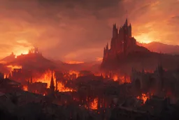 medieval cities on fire, lord of the rings, game of thrones, unreal 5, cinematic, 8 k, unreal engine, beautiful, smoothly, sunset, concept art, artstation, by wlop, by greg rutkowski, oil painting