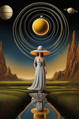 Fantastical sun hat which looks like the planet Saturn with the rings of Saturn making up its brim, black background, surreal, by Michael Cheval, complementary colors, digital art, minimalist