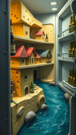 Bosch painting style nightmare, houses build of cheese texture with a river in the middle all scene in side shelf of a refrigerator with other shelf of beer bottles
