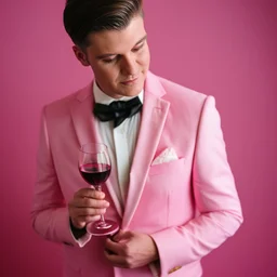 man in a pink suit, glam style and a glass of red wine in his hand, pink background too, real photography, portrait photography