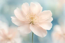 Gorgeous, highly detailed, elegant and delicate peachy coloured, pale pink coloured and white coloured flowers against a bokeh background in shades of blue, realistic, watercolour, professional award winning art