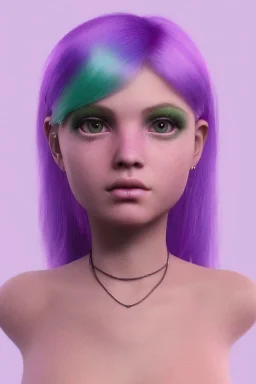 purple haired human girl with bright green eyes