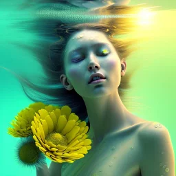 maxima hyper realist, hyper detailed,underwater with yellow flowers for hair, closed eyes, rtx, reflection, 8k, glow, winning photography, caustics