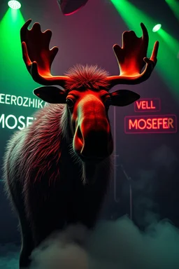 An big female moose with big eyes "Veronika Moser" performing at dance club, her name is "Moser" HAIRY FRUITS EVERYWERE On stage, Green Neon lights and smog, and "VERONIKA MOSER" big sign on the wall, "DU UND ICH UND MOSER" red plate sign