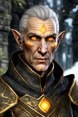 An old male altmer battlemage from Skyrim with golden-orange eyes