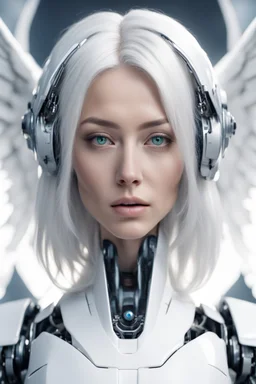 Facing front robot, beautiful woman, white hair, angel,