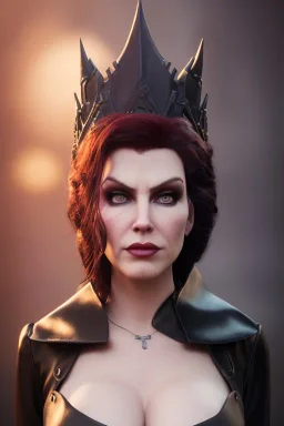 Amy Dumas as evil queen in black leather gown, evil, busty, cleavage, curvy, angry, stern look. character design by cory loftis, fenghua zhong, ryohei hase, ismail inceoglu and ruan jia. unreal engine 5, artistic lighting, highly detailed, photorealistic, fantasy