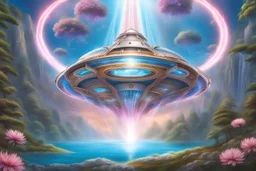 Large metal spaceship emitting rays of light, coming out of blue lake with blue crystal in the center, flower meadows, light blue, silver, pink, gold, waterfalls, tropical trees, rays of light, intricate details, decorative details