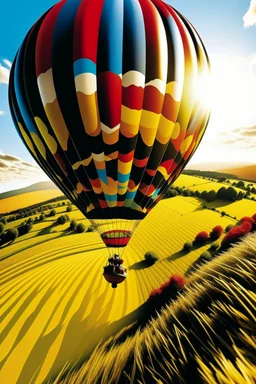 A GoPro camera is attached to the underside of a hot air balloon, capturing a breathtaking view of rolling hills and colorful patchwork fields below. A flock of geese flies alongside the balloon, casting long shadows against the landscape. Style: Dynamic, Mood: Euphoric, Lighting: Clear, bright sunlight, T-shirt design graphic, vector, contour, white background.