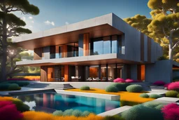 Hermosa casa campestre moderna estilo brutalista, paisaje colorido, calidad ultra, hiperdetallado, increíble obra de arte, maximalista,12k