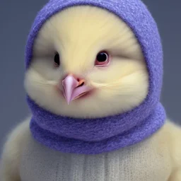 hyper realistic cute baby chick wearing winter cloths and woolen cap serious expression, highly detailed