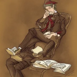 full body shot of calm elf in brown suit reading a pompous book, fantasy character art