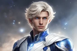a young man, white , blue and silver galactic costume, kindness, gentle,blond hair, perfect face, very light smile, kindness,strength, nobility, commander