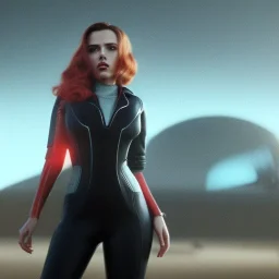 retro sci-fi portrait image from 1960, supermarket parking explosion, fire, classic black widow, young Scarlett Johansson, classic black tight lycra latex suit, retro superhero style, soft color, highly detailed, unreal engine 5, ray tracing, RTX, lumen lighting, ultra detail, volumetric lighting, 3d, finely drawn, high definition, high resolution.