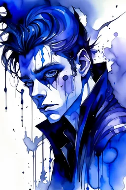 A deeply abstract ink wash and watercolor illustration of a young Goth vampire male with highly detailed hair and facial features , in the abstract expressionist style, indigo and amethyst, ragged and torn Victorian costumes, hard , gritty, and edgy depictions, portrait vibrant forms, bat, ethereal, otherworldly