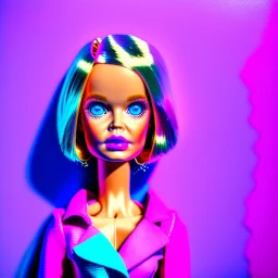 Foto realista. Una Cabeza de muñeca barbie decapitada sin cuerpo. Foto de estudio. Pared de fondo. Colores vibrantes. Gran angular. Simetría. Ultra hd.