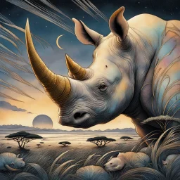 Iridescent Art Nouveau painting by Jean Baptiste Monge, Victor ngai, featuring a (close-up African rhinoceros in a Serengeti grassland) at night}, luxurious silk texture, pale watercolor blend, ink splatter gouache, golden foil detail, Japanese Mokuhanga art. Detailed wrinkled rough epidermis and a weathered tusk