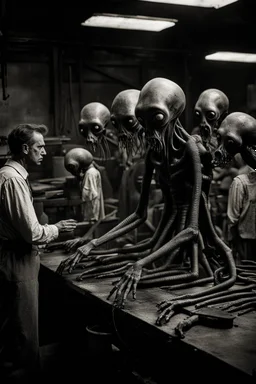 1900's black and white vintage photo, interior, working alien organ manufacturing factory warehouse, unhappy and angry,stange long grey alien human hybrid creature with a family that is sad, captured on square format film, grainy, aged