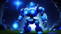 magic brightness big strong soldier robot coloured of dark and bluebeam with a vertical light in the the interior. the bakground is in a fairy dark lawn with blue and big dolmen and a with lightness night