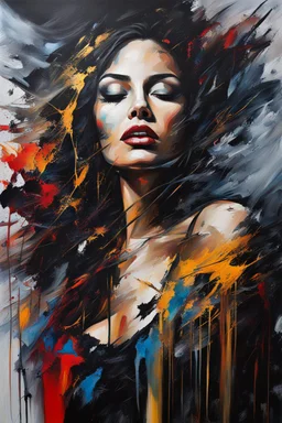 Abstract painting about a beautiful woman and her chaotic life, chaos, stormy, explosive, weird but exceptional art, thick paint strokes, dark colours, realistic