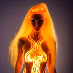 woman made of fire, fire angel, fire clothes, full body portrait, long flowing yellow hair, highly detailed, real life photo, photo quality, extremely detailed, highly detailed, 8K, crisp quality