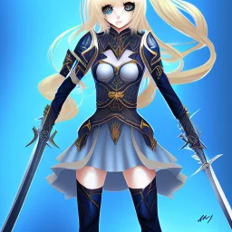 blond anime girl with dark blue eyes, holding sword up, full body view