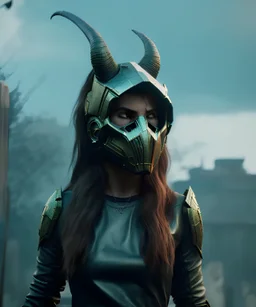 A badass Sofia Buttela wearing a dragon skull mask, atmospheric, realistic, unreal engine, cinematic lighting, octane render.