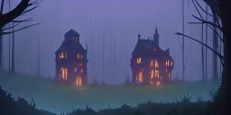 Ruined abandoned overgrown small castle tower in a dense coniferous forest, night, misty, atmospheric, fireflies