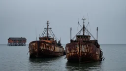 Two old, rusty barges sit on a still sea under a heavy, overcast sky; stilt houses loom ominously in the background, shrouded in a thick, gray mist.