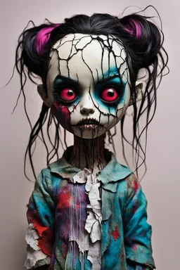 full color, illustration of a dark, menacing, monster girl, as a decayed, broken, crude homemade cloth doll toy, with a narrow cracked porcelain face, thick dark eyebrows, hair made from ragged strips of cloth, in the style of Brom, Alex Pardee, and Masahiro Ito, bold vibrant color