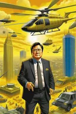 Robert Kiyosaki standing on golden skyskraper helicopters dropping money city burning in background STYLE OF HIROKU OGAI