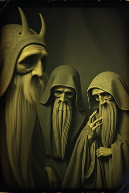 Daguerrotype close up some mysterious figures, odd background, Hieronymus Bosch, ambient light, by Minicavio Quollati and Marlost Endgulp, Amano, Botticelli, Alphonse Mucha