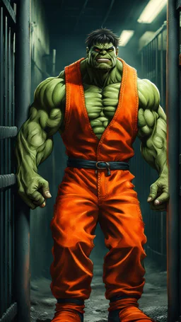 dark aesthetic, a cute hulk wearing an inmate orange jumpsuit outfit in prison, high detail, high-resolution, professional photography, ultra-detail, fantasy art