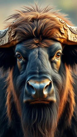 Buffalo front view with human look face and long hair and beard playing the colours looks like an ancient Sumerian gods