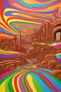 psychedelic yeah ipainting of a willy wonka's chocolate factory from the inside featuring a chocolate river and grand scale by andy warhol