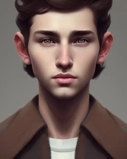  boy, cute, young, brown hair, brown eyes, medium hair, head and shoulders portrait, head and shoulders portrait, 8k resolution concept art portrait by Greg Rutkowski,