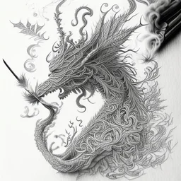 Pencil Sketch a composition where smoke transforms into a mythical creature, intertwining with intricate patterns formed by crushed weed leaves, creating a visually captivating and balanced artwork.