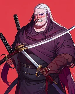 Man with Purple long hair, purple eyes with murderous intent, He wears an assassin's outfit, carries a katana, dark red background, his face is stained with blood on his cheeks, he has a calm and cold expression, and He is a 15-year-old man, You have a "Z" mark on your clothes