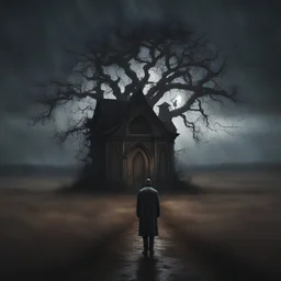 Hyper Realistic Haunted Chapel between a Field & dry old tree at rainy night with a headless man