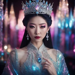 photo of a glamorous Japanese queen wearing a haute couture crystal gown, sparkling eyes, she’s holding a colorful crystal that lights up, she is surrounded by crystals, shimmering lights, dark pastel iridescent colors, mystical surrealism, crystalcore, fujifilm superia --ar 2:3 --v 6.0, shot with Sony Alpha a9 Il and Sony FE 200-600mm f/5.6-6.3 G OSS lens, natural ligh, hyper realistic photograph, ultra detailed -ar 1:1 —q 2 -s 750)