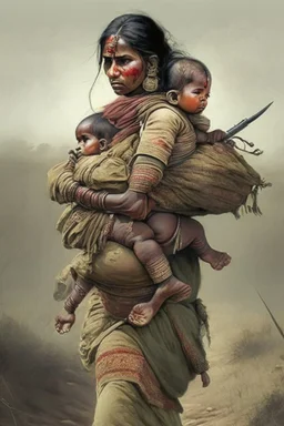 an indian warrior mother in war field carrying her baby on her back