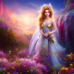 bright fairy, beautiful portrait, flowery landscape, cosmic ambiance