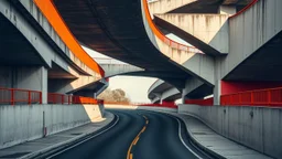 A Brutalist architectural landscape featuring intersecting concrete overpasses, their surfaces weathered and stained. Prominent, bright orange railings line the edges of the elevated pathways, contrasting sharply with the pale teal of the concrete and the deep red accents of supporting structures and walls. The composition emphasizes geometric forms and dramatic shadows cast by the overhead structures. A road curves upwards into the foreground, leading towards an open underpass with a bright yel