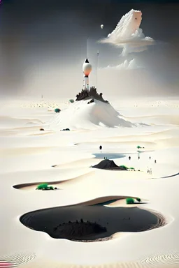 White desert sands with black tower surrounded by floating islands