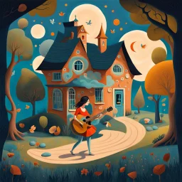 a painting of a house with a woman playing a guitar, a storybook illustration by Endre Bálint, behance contest winner, magic realism, storybook illustration, whimsical, detailed painting