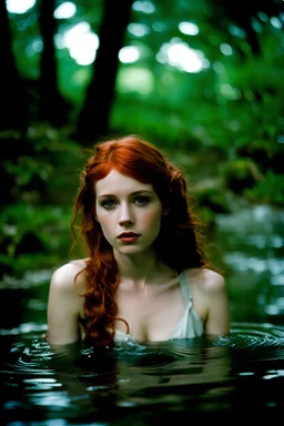 Spicy Lorraine age 19 as one of the sirens from Oh Brother Where Art Thou washing in the stream, soft, pouty, redhead, high res, perfect in every way, fairy wings, Portra160 Film