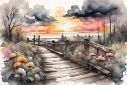 Urban sketch of a beautiful forest in ink and watercolor, storm clouds, full sunset, flowers, kurved path, old wood bridge, gull Modifiers: beautiful award winning