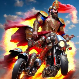 Kebab Man mounted his holy motorcycle, the engine roaring to life with divine power. With a final glance at the celestial realms, he sped down to Earth from heaven, ready to begin his quest.