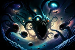 View into an event horizon in space with many enormous strange tentacled creatures with huge eyes and mouths flying around