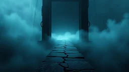 passage over nothingness, surreal, dark and cold abstract artwork dominated by deep blue, icy cyan, charcoal black and muted steel-grey tones. An narrow passageway emerges from an abstract distorted weird landscape, surrounded by thick fog and drifting mist. The space feels nightmare, alien and unsettling, with floating circle and line geometric forms, black onix column architectural fragmented and unnatural perspectives. At the center of the composition cracked stone way over abyss